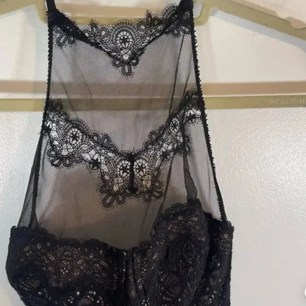 Victoria's Secret Women's Black and Cream Corset Halter Sheer Lace w garters